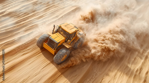 Powerful Yellow Bulldozer Creating a Sand Storm in Desert