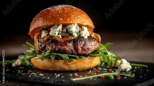 A gourmet burger stacked high with blue cheese, caramelized onions, arugula, and a brioche bun, served on a black slate plate with artistic food presentation.