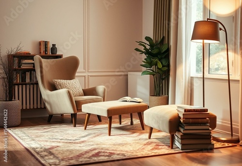 Cozy reading corner with plush armchair and floor lamp