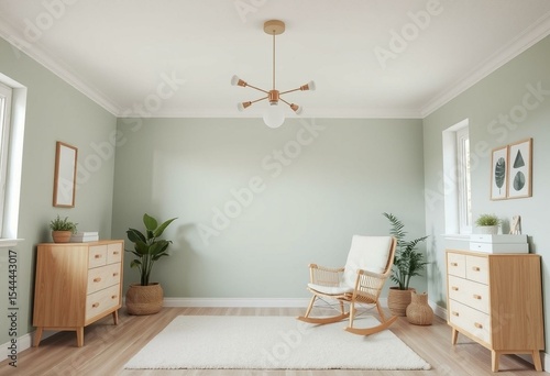 Softly lit nursery room with sage green walls and Scandinavian-inspired furniture
