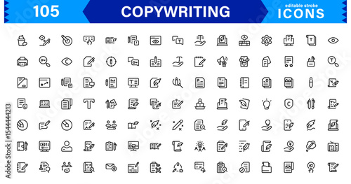 Copywriting Icon Set Featuring Content Creation, Writing, Editing, Marketing, and Communication Symbols in a Professional, Vector-Based Design