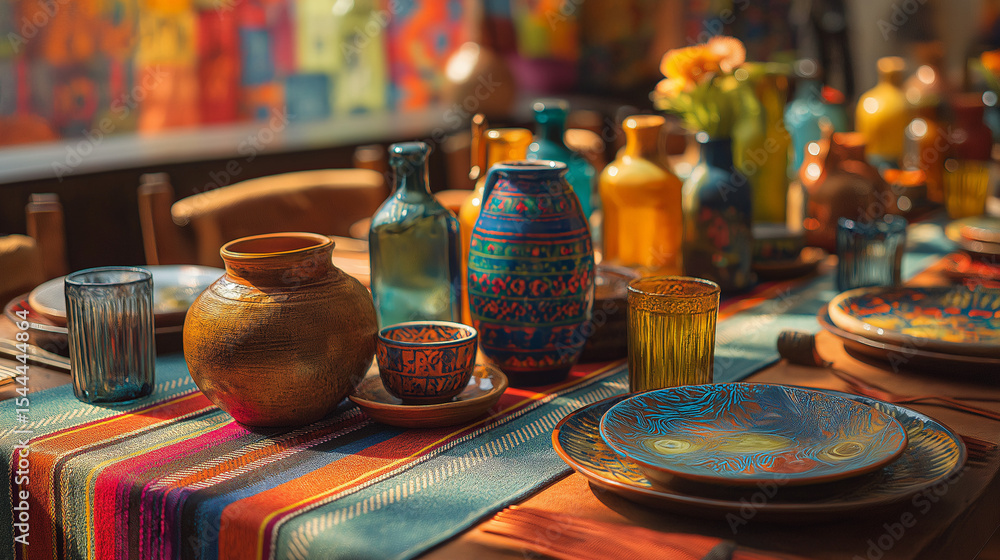 Fototapeta premium Traditional Mexican table with colorful textiles and ceramics, celebrating rich cultural heritage in a cozy setting.