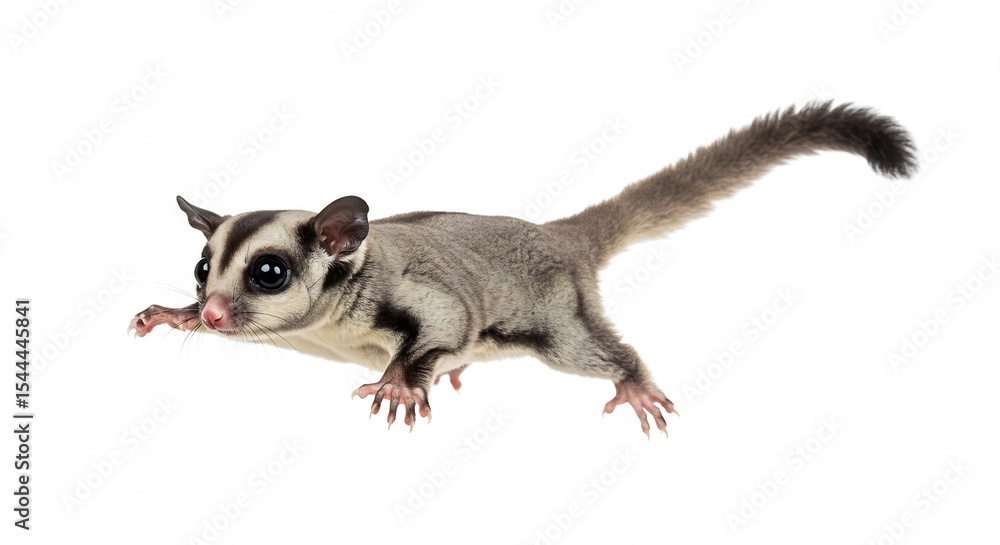Fototapeta premium Zuckergleitbeutler springt elegant vor weissem Hintergrund sanftes Licht betont Fell. AI Generated