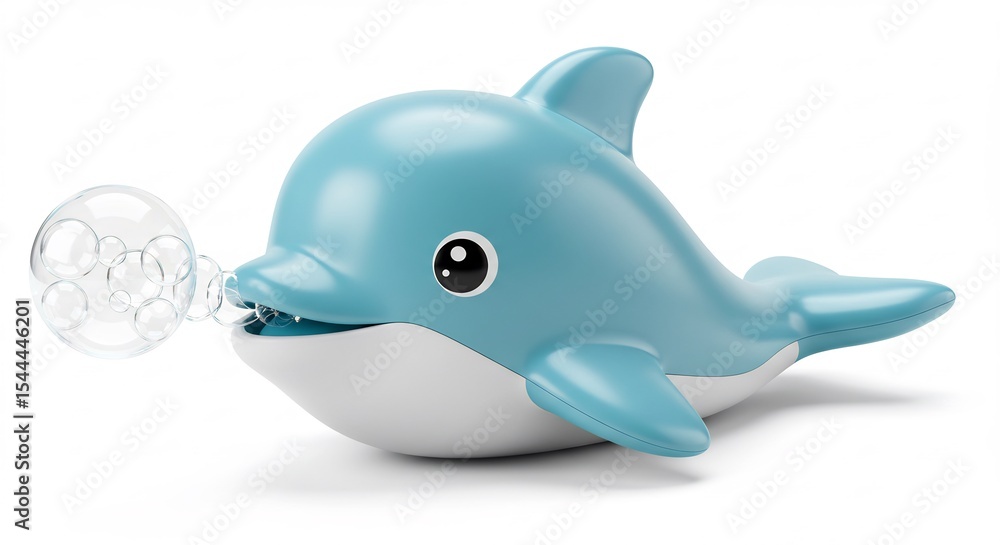 Blauer Delphin Spielzeug bläst Seifenblasen sanft aus. AI Generated Blauer Delphin Spielzeug bläst Seifenblasen sanft aus. AI Generated