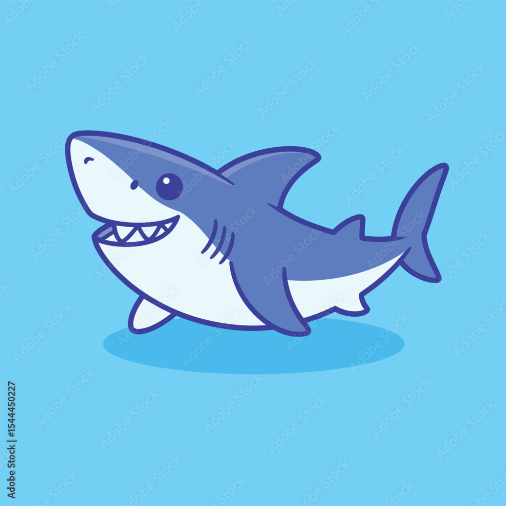 Fototapeta premium Cartoon shark swimming in the sea on white background illustration