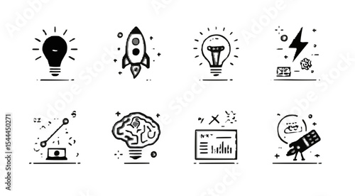 Creativity icon set. Containing images of the brain, neural connections, new ideas, insights, tools and much more. Editable line icons. Vector illustration.