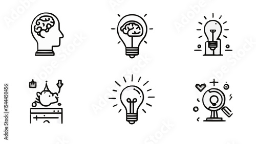 Creativity icon set. Containing images of the brain, neural connections, new ideas, insights, tools and much more. Editable line icons. Vector illustration.