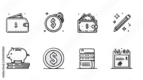 Money icon set. Containing an image of a piggy bank, money, a bank and much more. Editable line icons. Vector illustration.