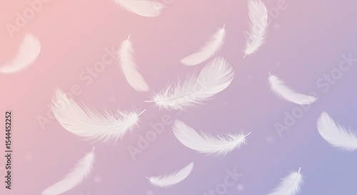 White feathers floating gently on a pastel pink and purple background