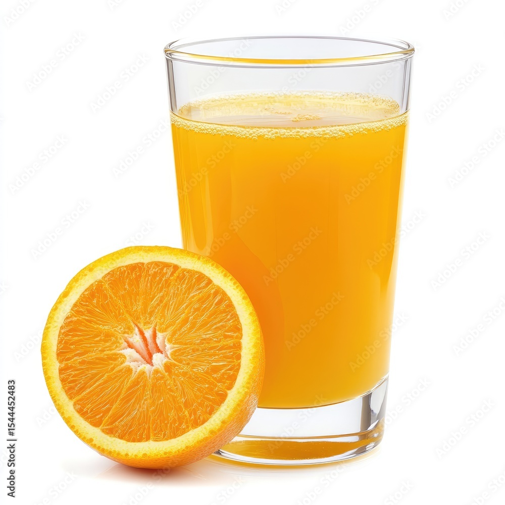 Fresh orange juice in a glass, beside an orange slice Fresh orange juice in a glass, beside an orange slice