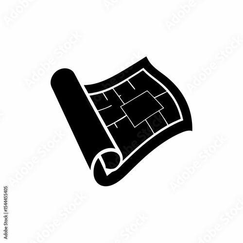Blueprint Icon Rolled Paper with Corner Fold and Grid Vector Silhouette Flat Icon Design