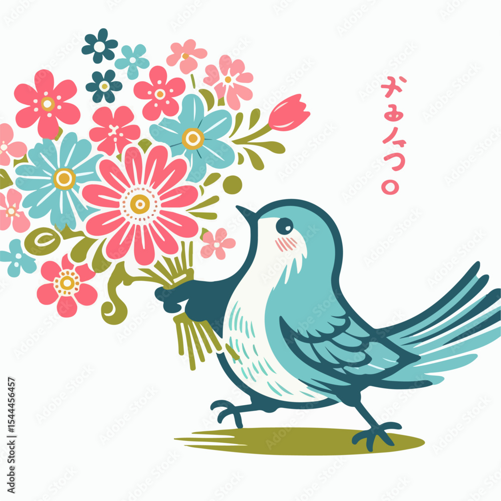 Fototapeta premium illustration of a bird carrying flowers