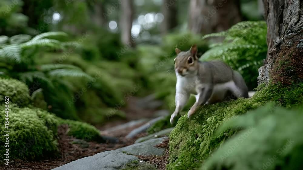 Serene woodland path with ferns and moss, featuring a curious squirrel Serene woodland path with ferns and moss, featuring a curious squirrel