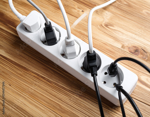 electrical plug cables strewn across the wooden table