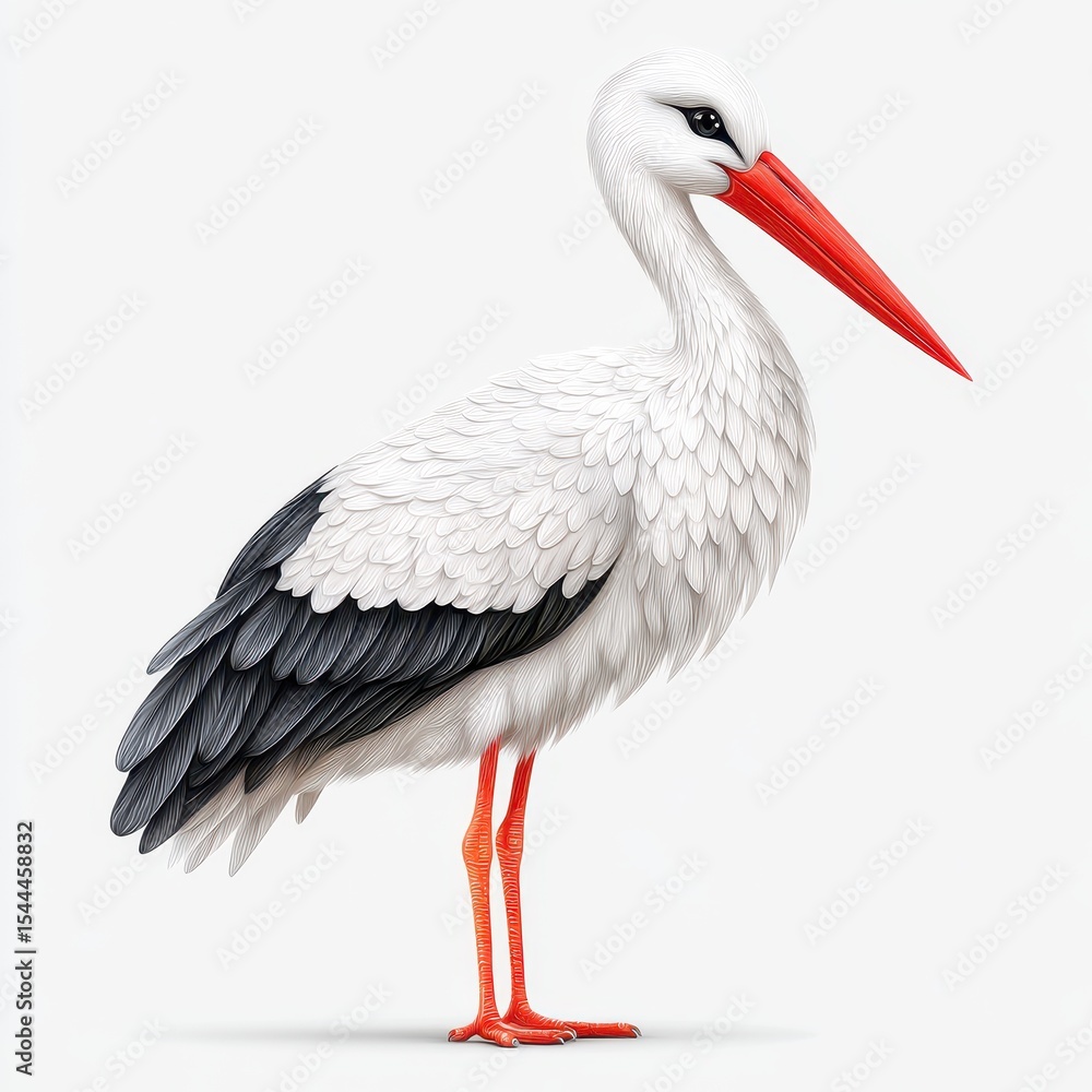 Fototapeta premium White Stork with Black Wings and Red Beak Digitally Rendered