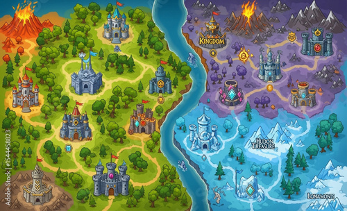 Fantasy map of two kingdoms with castles and landscapes