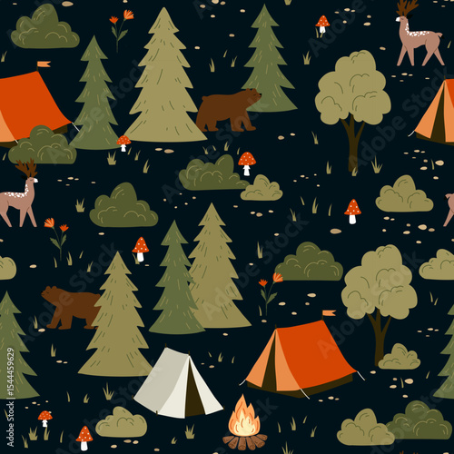 Cute vector seamless hand-drawn pattern with drawings for camping, tents, landscapes, trees, wild animals,