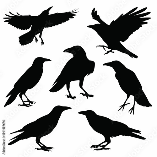 Silhouette illustration showing seven black crows in various poses against a white background view image created with generated ai