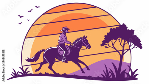 Man riding a horse at sunset with birds and a tree in a stylized purple and orange landscape created with generated ai