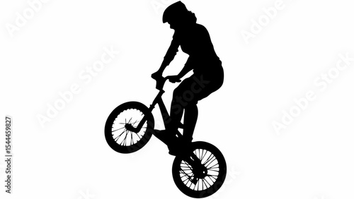 Silhouette of a person riding a bicycle with one wheel in the air doing a stunt on a white background created with generated ai