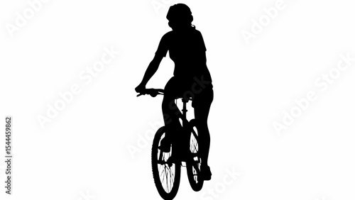 Silhouette of a woman riding a bicycle with a helmet on a white background in a back view shot created with generated ai
