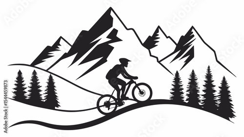 Silhouette of a mountain biker riding on a trail with mountains and trees in the background scenery design created with generated ai