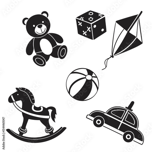 Black and white illustration of classic children s toys