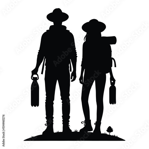 Hiking couple silhouette with backpacks and water bottles