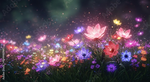 幻想的な光輝く夜空の下、色鮮やかな花畑が美しく輝く. AI Generated