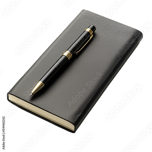 Elegant pen resting atop a closed journal on a plain surface setting isolated on transparent background