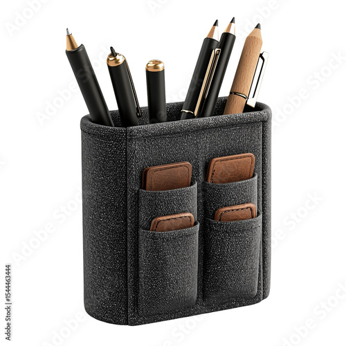 Desk organizer with pens and pencil in a holder with small pockets isolated on transparent background