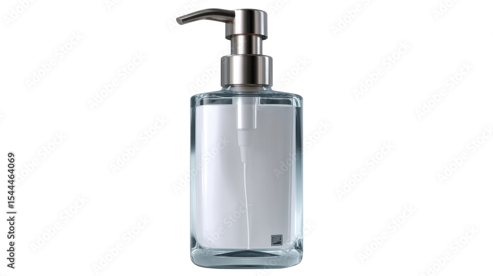 Obraz premium Soap Dispenser Pump Bottle: A sleek, modern soap dispenser with a clear rectangular bottle and a brushed silver pump. Perfect for bathrooms and kitchens. 