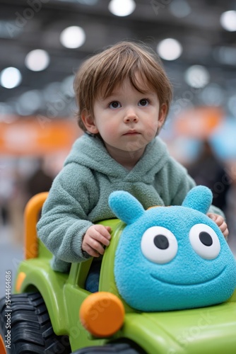 Cheerful child rides colorful toy truck with friendly bug design