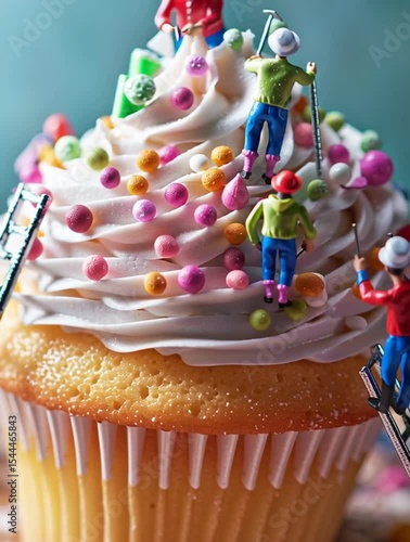 Miniature bakers use ladders and piping bags to decorate a massive cupcake. It’s sweet, whimsical, and full of charm.