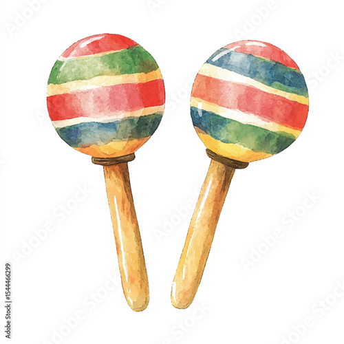 Watercolor Pair of Striped Maracas with Wooden Handles