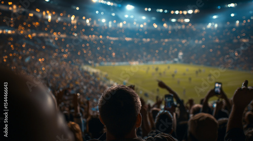 Soccer fans cheering in a stadium during a live match. Captures excitement, passion, and crowd energy with vibrant colors and dynamic atmosphere. Perfect for sports and fan culture themes.