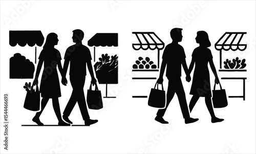 Couple walking hand in hand at farmers market silhouette
