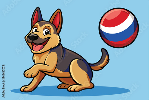 Cartoon German Shepherd Dog Playing with Ball on Light Blue Background