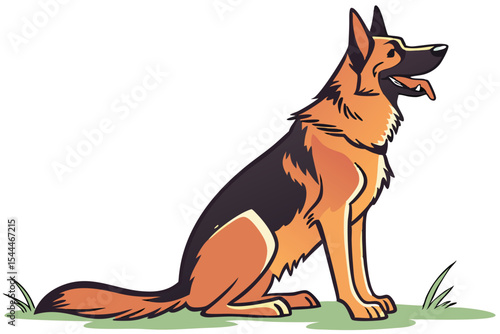 Cartoon German Shepherd Dog Sitting on Grass with Tongue Out
