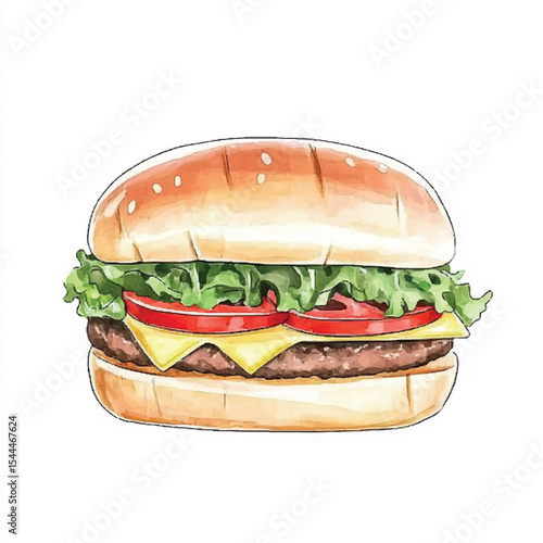 Watercolor Style Burger with Lettuce Tomato Cheese and Sesame Seed Bun