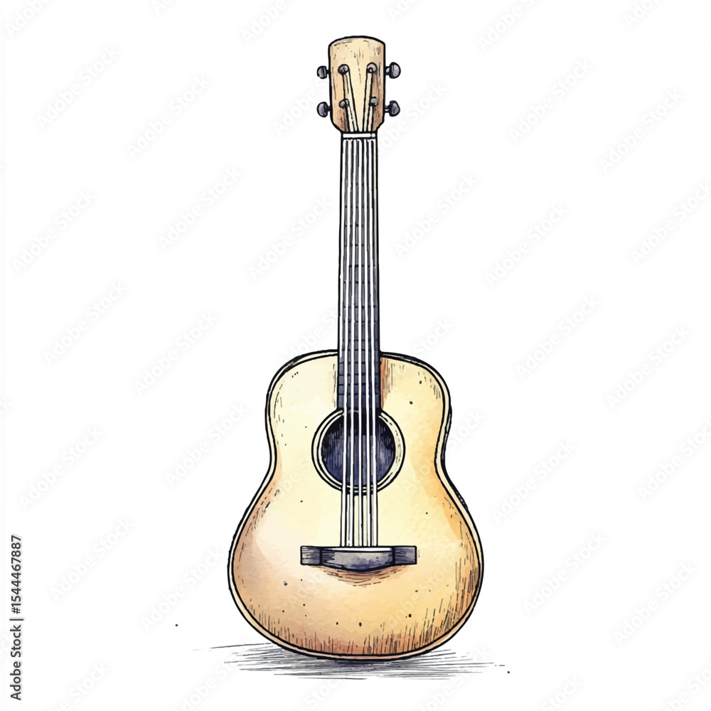 Fototapeta premium Watercolor Ukulele Illustration with Visible Wood Grain and Black Outlines
