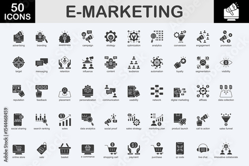 E-marketing glyph icon set. Covers advertising, branding, awareness, campaign, strategy, optimization, analytics, conversion, engagement, promotion, and more. Simple vector illustration.