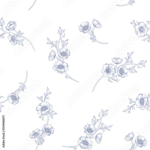 Seamless anemones. Floral pattern in toile style.
