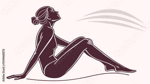 Woman sitting with knees up breathing fresh air in a minimalist style with lines and light background