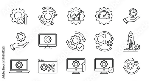 Set of modern technology icons with gear symbols for business and process management