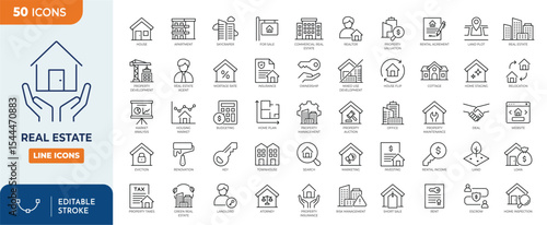 Real Estate line editable icon set. Containing Purchase and sale of housing, House, Agent, realty, property, mortgage, home loan and more. Editable stroke. Vector illustration