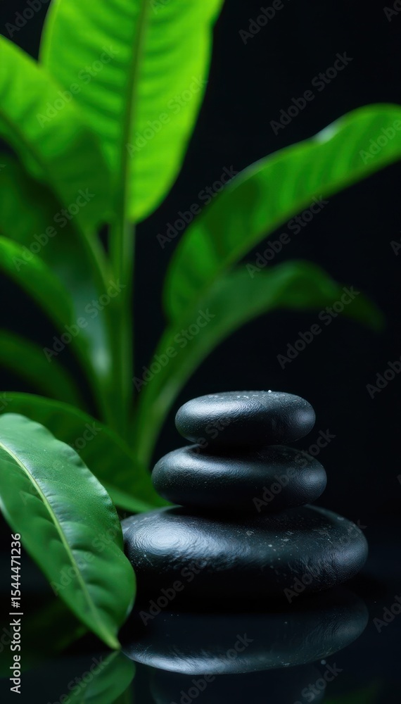 Polished spa stones nestled amongst lush green leaves, dramatic black backdrop, massage, still life Polished spa stones nestled amongst lush green leaves, dramatic black backdrop, massage, still life