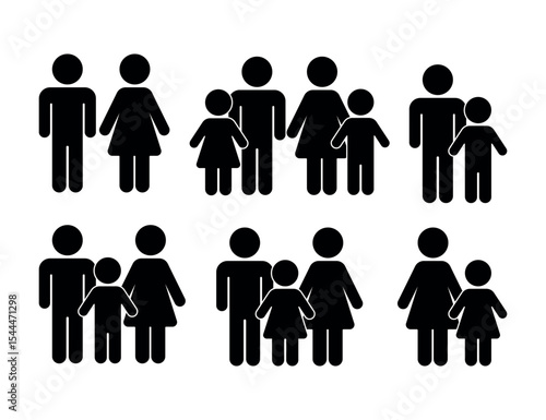 Flat design family symbol icon featuring stylized parents and children figures in a clean minimal vector illustration, perfect for web, app UI, logo, social media, or educational use

