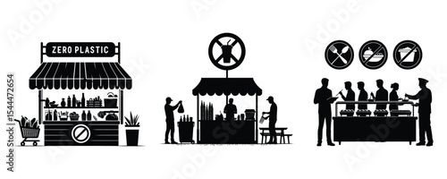 Zero plastic food stalls and sustainable food court silhouette