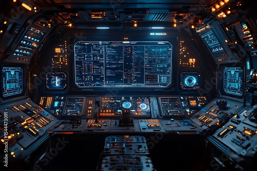 Fototapeta Naklejka Na Ścianę i Meble -  Futuristic spacecraft cockpit interior with glowing digital displays and illuminated control panels